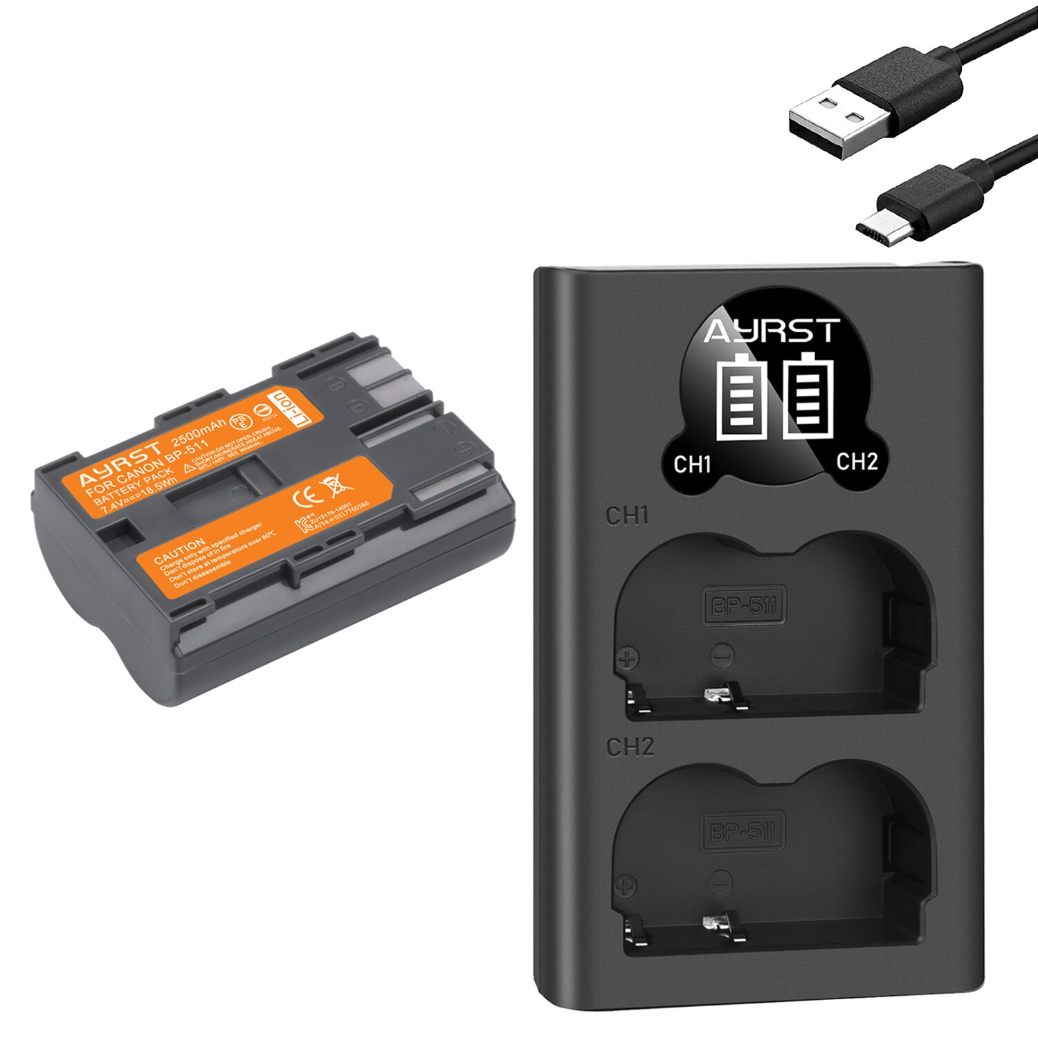 2pcs 2500mAh BP-511 BP-511A BP 511A battey + USB Charger for Canon G6 G5 G3 G2 G1 EOS 300D 50D 40D 30D 20D 5D G6 L10 camera: 1batteryand1charger