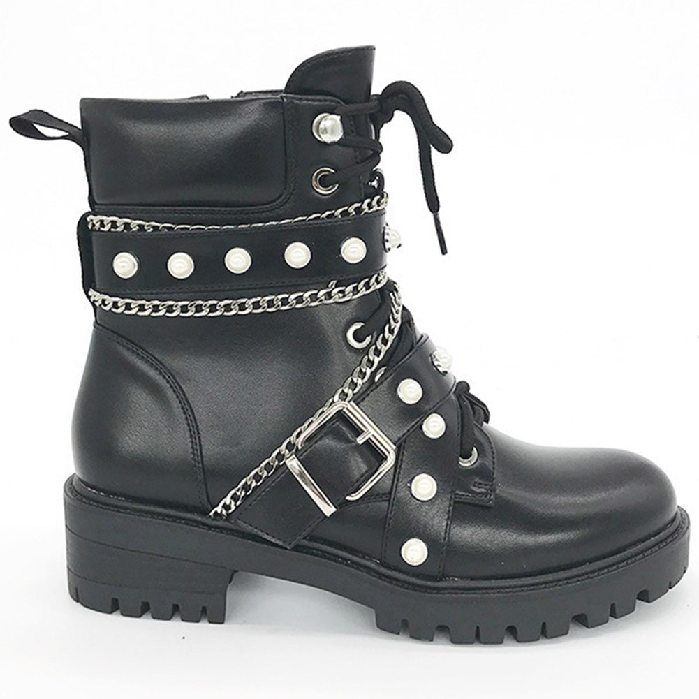 Botas BONJOMARISA a la con hebilla y perlas para mujer, botas de tacón cuadrado con cadena para otoño e invierno, zapatos de plataforma para mujer