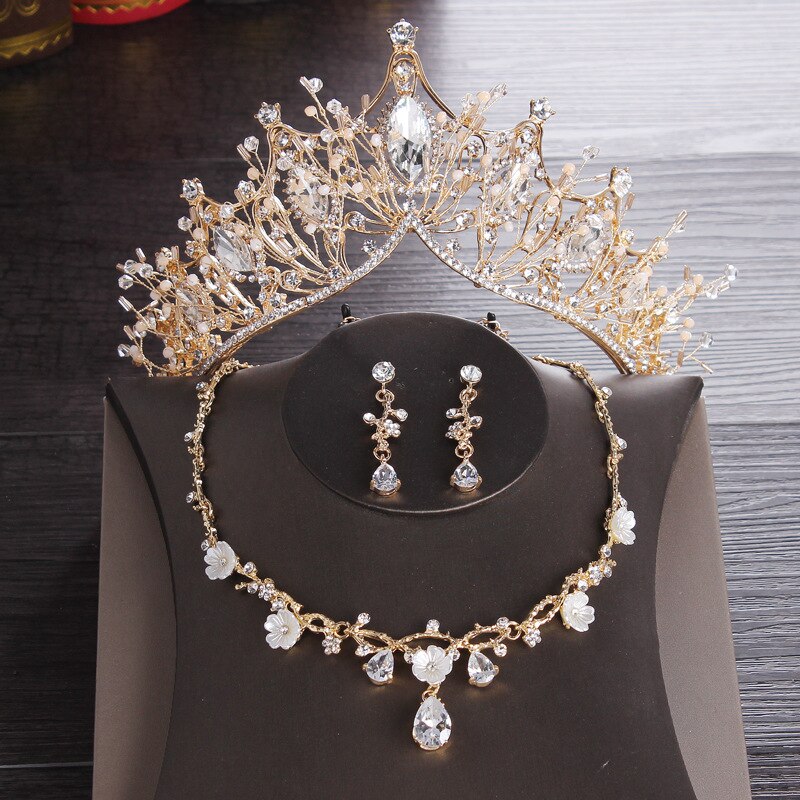 Conjunto de joias de casamento estilo barroco, retrô, strass, ouro, tiara, coroa, colar, casamento, noiva, luxo