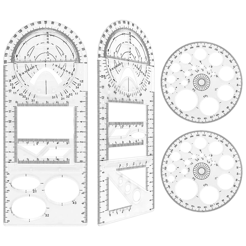 4 Piece Multifunctional Geometric Ruler Set, 2 Multifunctional Geometric Ruler Scale, with 2 Circle Templates: Default Title