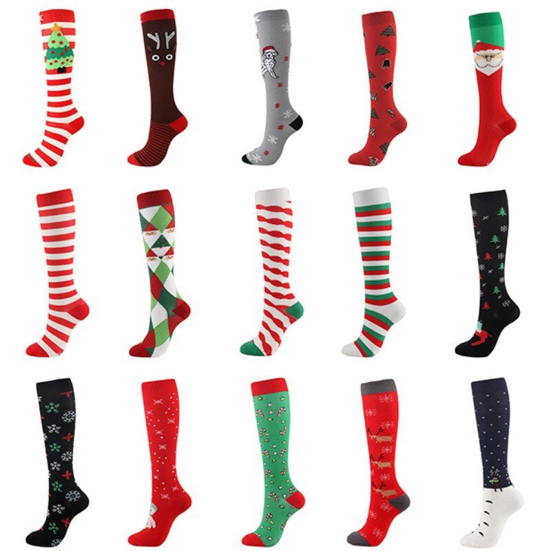 1 Pair Compression High Knee Socks Women Long Socks Christmas Cap Tree Deer Striped Printed Polyester Winter Warm Comfartable