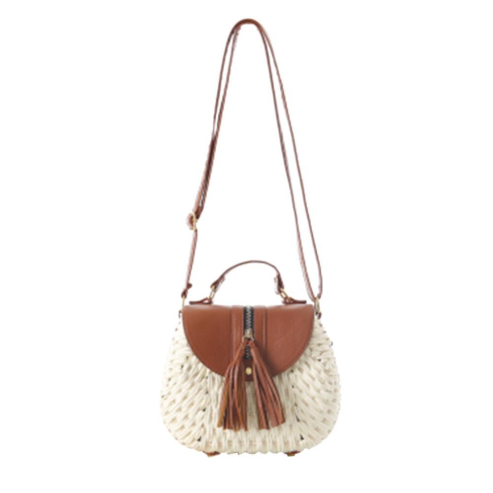 Quaste Handgemachte Stroh Woven Tasche Messenger Kausalen Runde Tasche Quaste Strand Schulter Tragetaschen Für Frauen Mädchen Handtasche: White