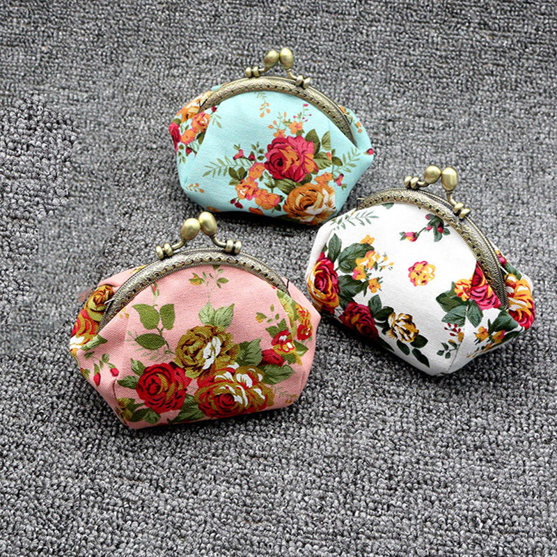 Women's vintage rose print canvas coin purse, kiss lock clip fabric purse card bag storage bag