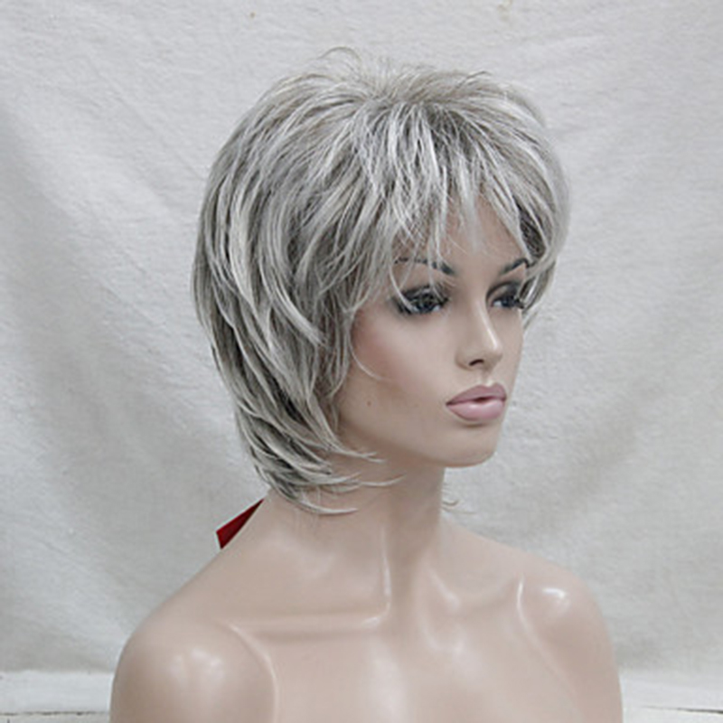 Hairjoy syntetiskt hår peruk lockig pixie-frisyr lager-på-lager med lugg markerade balayage grå peruk