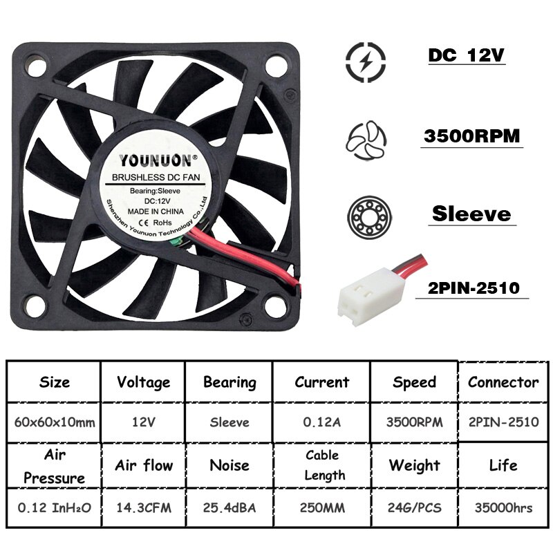 2 Stuks 5V 12V 24V 60Mm 6010 Dc Fan 60X60X10Mm 6cm Cooling Koeler Fan Computer Pc Cpu Case Cooling Kogellager Fan: 12V Oil 2PIN-2510