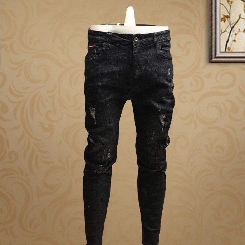 Men Jeans Ripped Slim Fit Black Stretch Pencil Pants for Cowboys Clothing PSMJ69