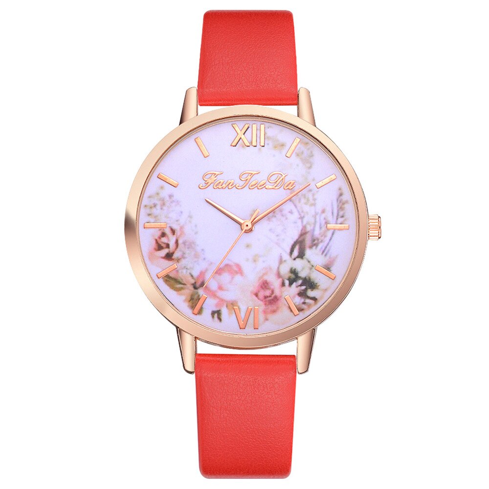Simple femmes fleur montres Femme dames décontracté en cuir Montre à Quartz Femme horloge Relogio Feminino Montre Femme: Rouge