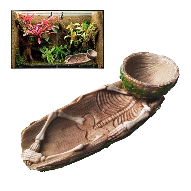 Cuenco de comida para reptiles, esqueleto, anfibio, jaula para mascotas, decoración de roca, inyección de agua, 37MF