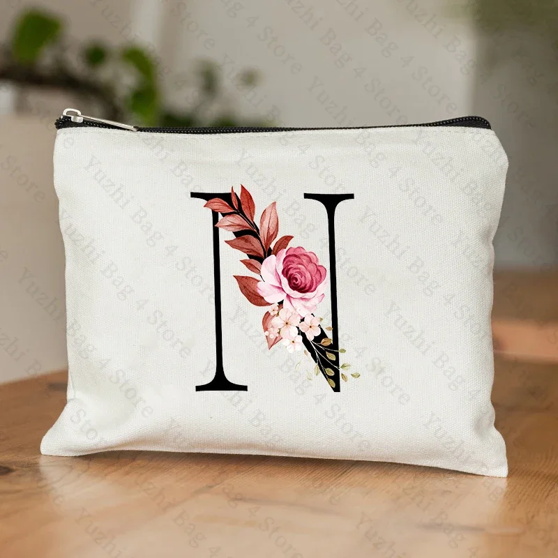26-Buchstaben-Blumen-machen-hoch-Tasche, bedruckt, Brautjungfer, Hochzeitsgeschenk, Abschlussfeier, Lehrertag, , Aufbewahrungstasche, Reise-Parfüm-Seitentasche: Weiß