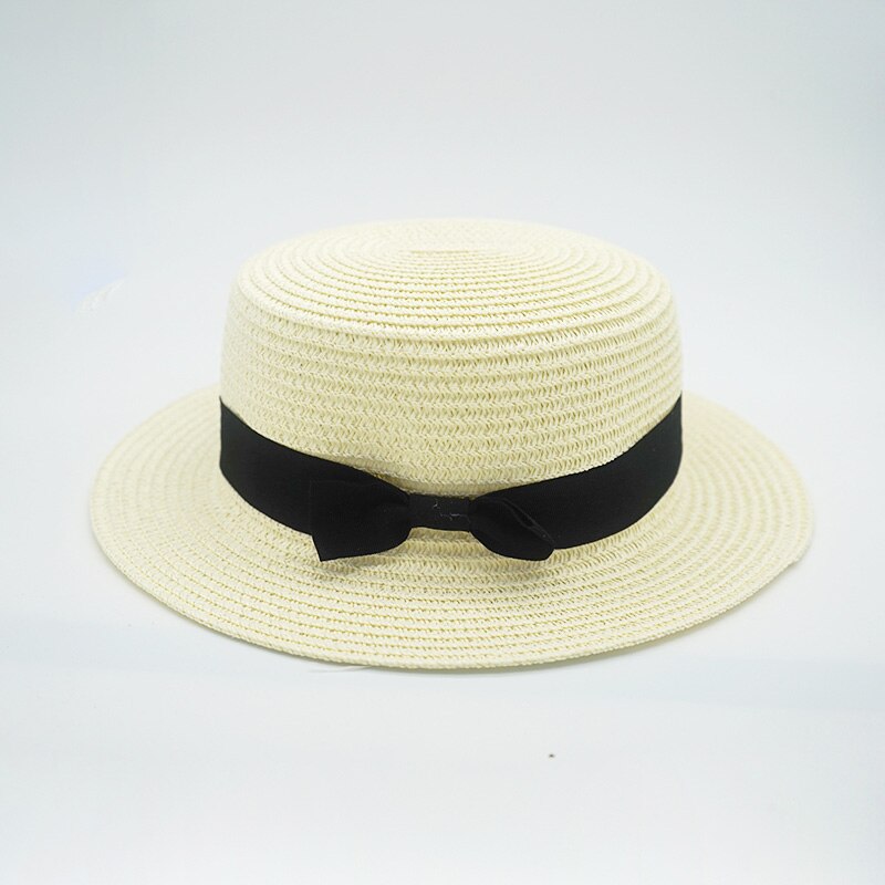 eenvoudige Zomer Vrouwelijke Casual Panama ouder-kind Strand Hoed Dame Vrouwen Platte rand Strik Stro cap glris zonnehoed: 3 / 50-54cm children