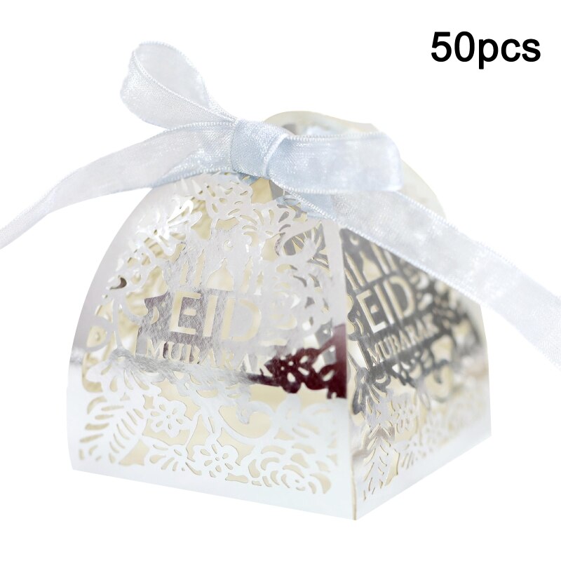 50pcs Eid Mubarak Candy Box Ramadan Decoration Hollow Wedding Party Favor Chocolate Boxes with Ribbons: S-2