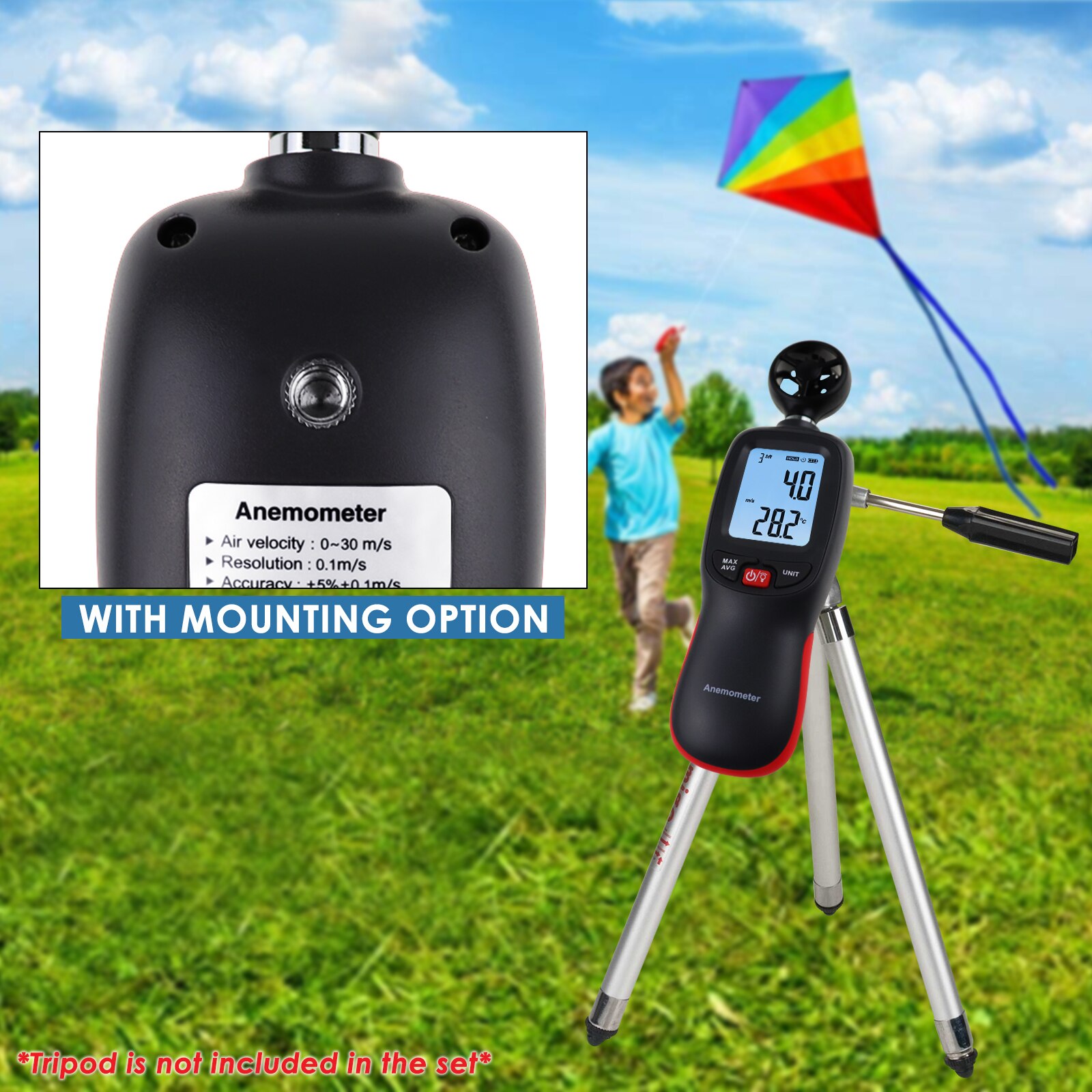 Handheld Digital Meter Anemometer Windspeed Air Velocity/Air Temperature/Wind Chill w/ Data Recording for Kite Flying Sailing