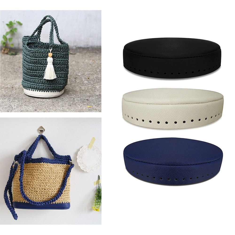 Saco de couro base shaper fundo tricô crochê sacos bolsa peças acessórios feminino fundo artesanal redondo artesanato crochê almofada