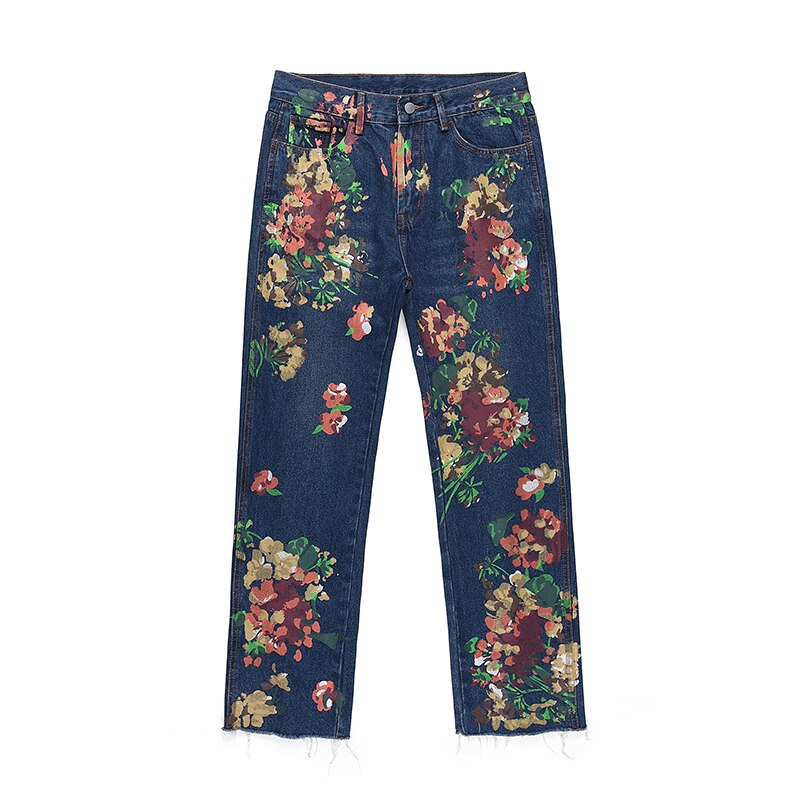 High Street Hand Painted Floral Jeans Mens Straight Oversized Retro Casual Denim Pants Loose Washed Ripped Jean Trousers: asian 32