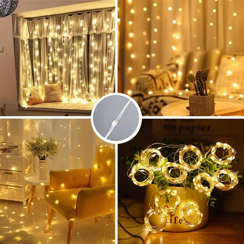 Christmas Lights Curtains for Windows Led Fairy Year Lighting Room String Battery Powered Garland Waterfalls Decorations
