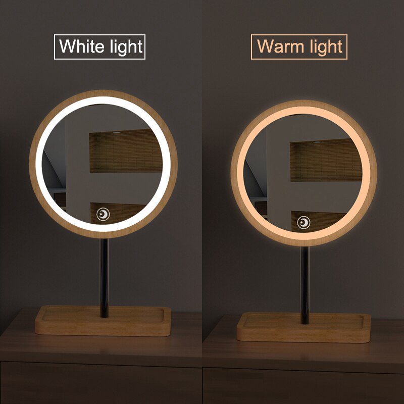 Monokrom trä skrivbord led sminkspegel usb justerbar ljus diffust 360 rotations ljus upp spegel