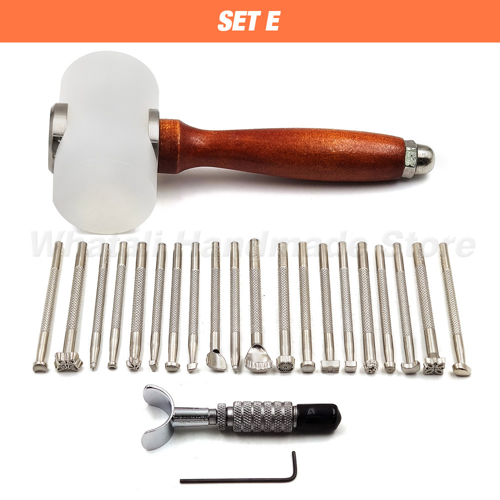 Leathercraft Tool Set Kits Pine Wood Hand Stitching Clamp Leather Punching Carving Saddle Groover Tools Storage Leathercraft DIY: SET E