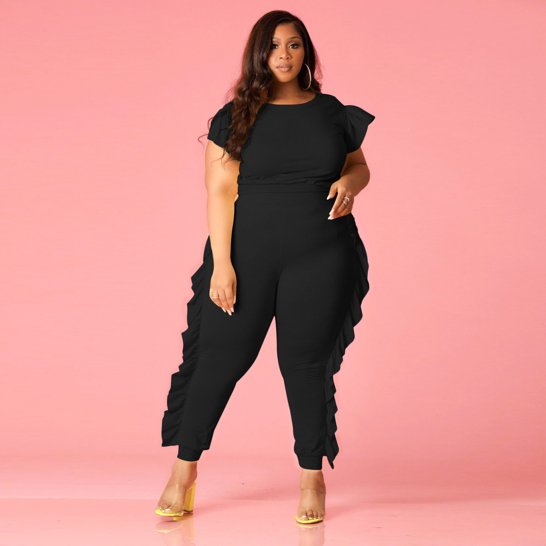 4XL Plus Size Casual Women Set Short Sleeve T Shirt Top And Ruched Splice Pant Suit Solid Streetwear 2 Piece Set Outfits