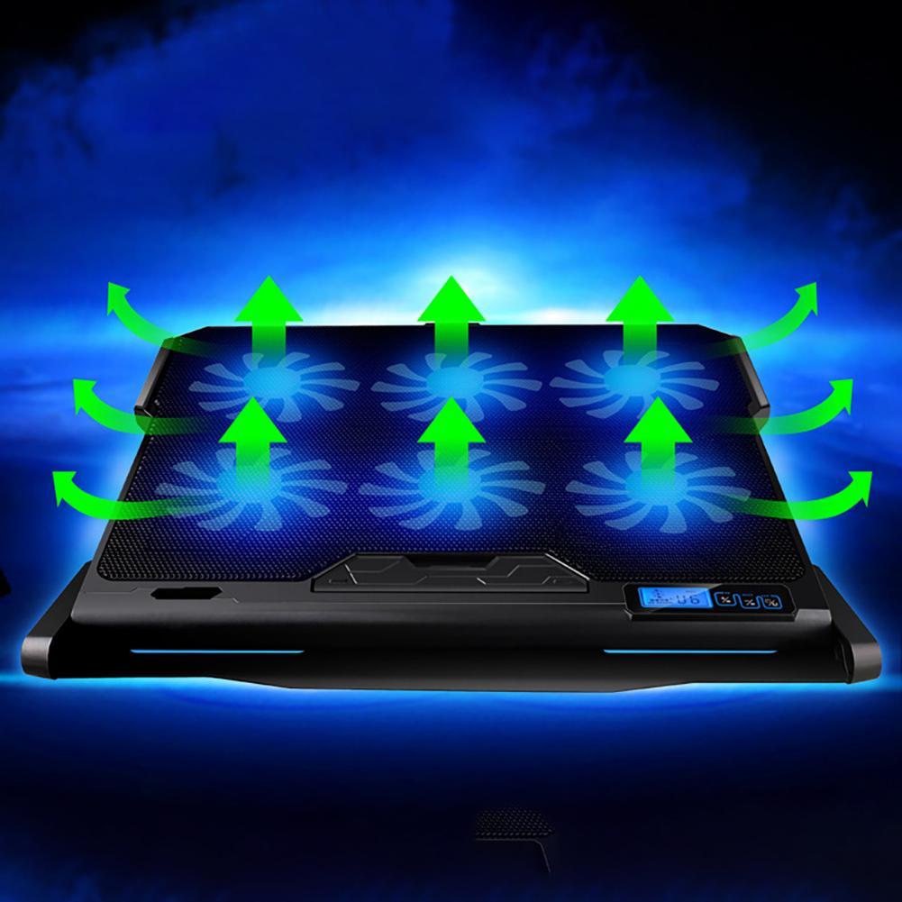 Base de refrigeración para ordenador portátil y PC, enfriador con 6 ventiladores, 2USB, LED, con ventilador de luz, soporte a prueba de deslizamiento