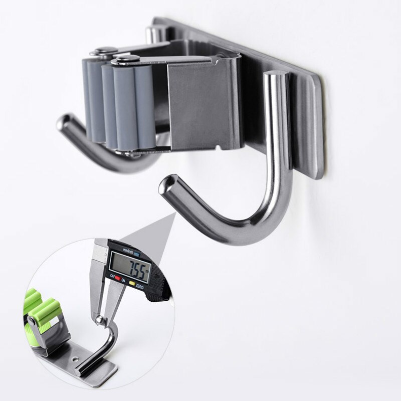 Stainless Steel Mop Holder Shower Hook Wall Mounted Broom Rack Storage Hanger Clip Seamless Self Adhesive Bathroom Accessories