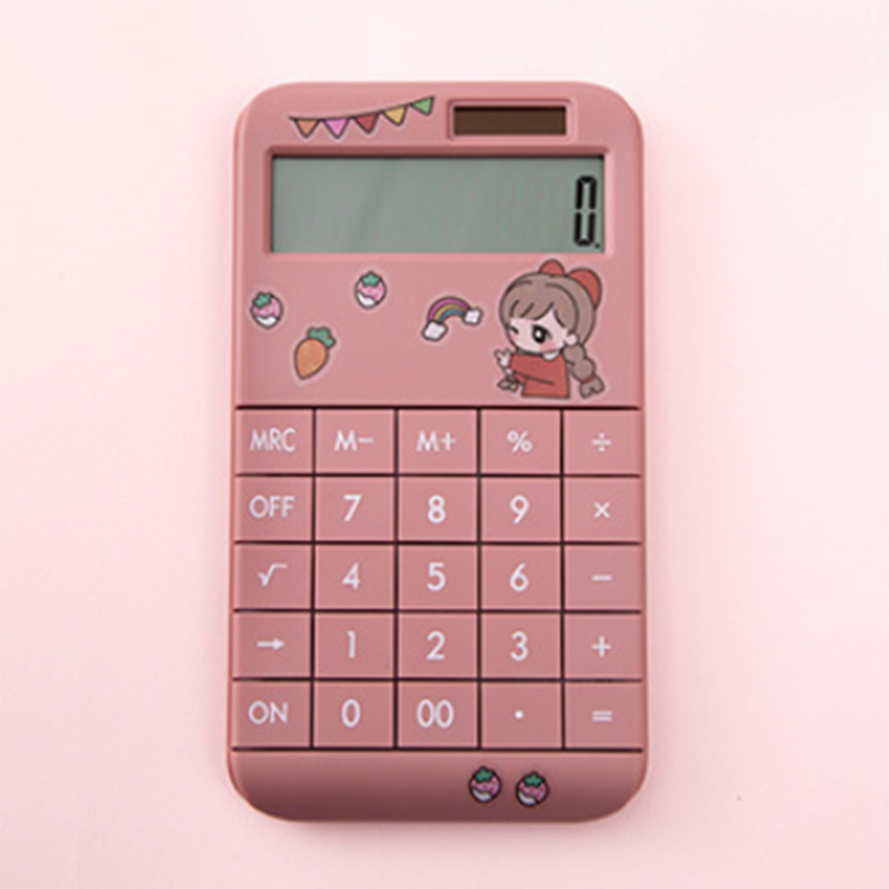 Cute Cartoon Calculator Student Portable Calculator Small Solar Financial Cashier Girl 12-bit Computer Dual Power System: Pink