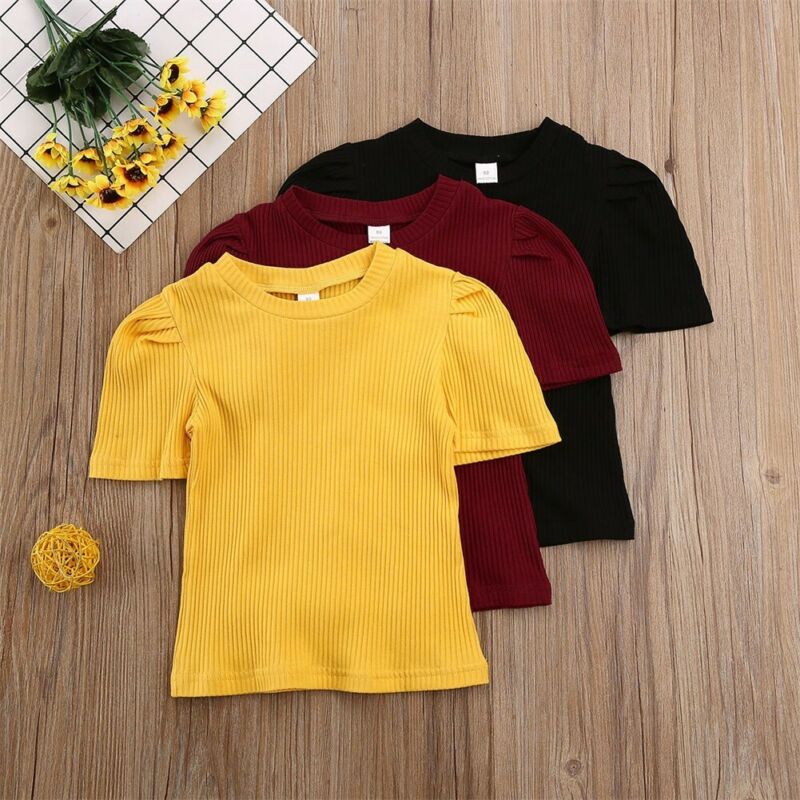 1-6 jaar Kinderen T shirts Peuter Kid Baby Girl Solid Top 100% Katoenen Shirt Effen Gebreide T-shirt gewatteerde Schouder Kleding