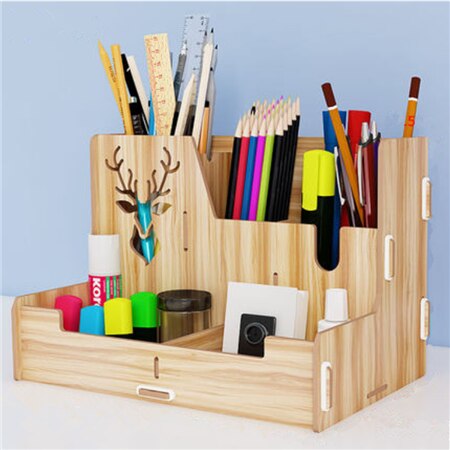 Soporte de escritorio para lápiz , cajas de almacenamiento, organizador de lápices de escritorio, artículos de oficina, almacenamiento, artículos de papelería escolar: A brown