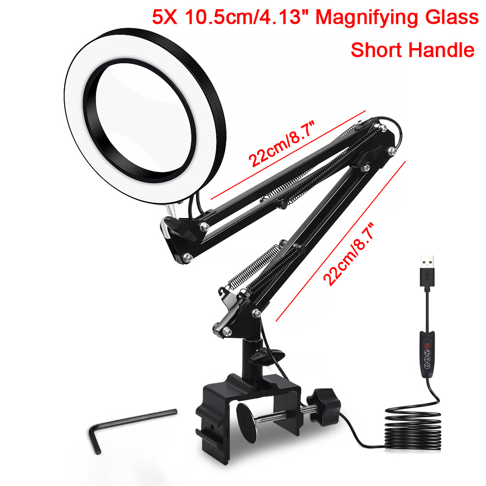 NEWACALOX Flexible Desk Large 5X USB LED Magnifying Glass 3 Colors Illuminated Magnifier Lamp Loupe Reading/Rework/Soldering: N-5X-B