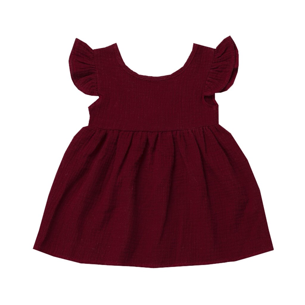 Summer Baby Girls dress Fly Sleeve Solid Kids Dresses For Girls clothes Flying sleeve Princess Dresses Vestidos Robe Fille: Wine / 18M