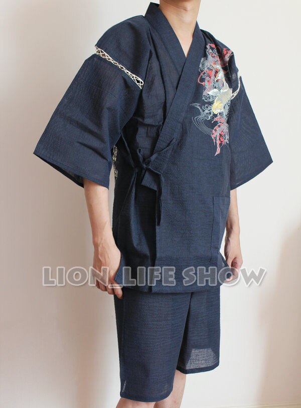 Biamoxer-Kimono japonés Jinbei para hombre, ropa de dormir, pantalones de manga corta, pijama para el hogar: Blackish Blue / M