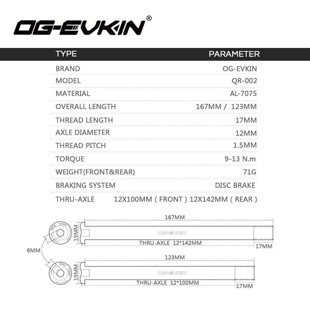 Freno de disco de OG-EVKIN, liberación rápida, M12, P1.5, eje pasante, 12x142mm, trasero/12x100mm, brochetas delanteras para bicicleta de carretera, eje pasante