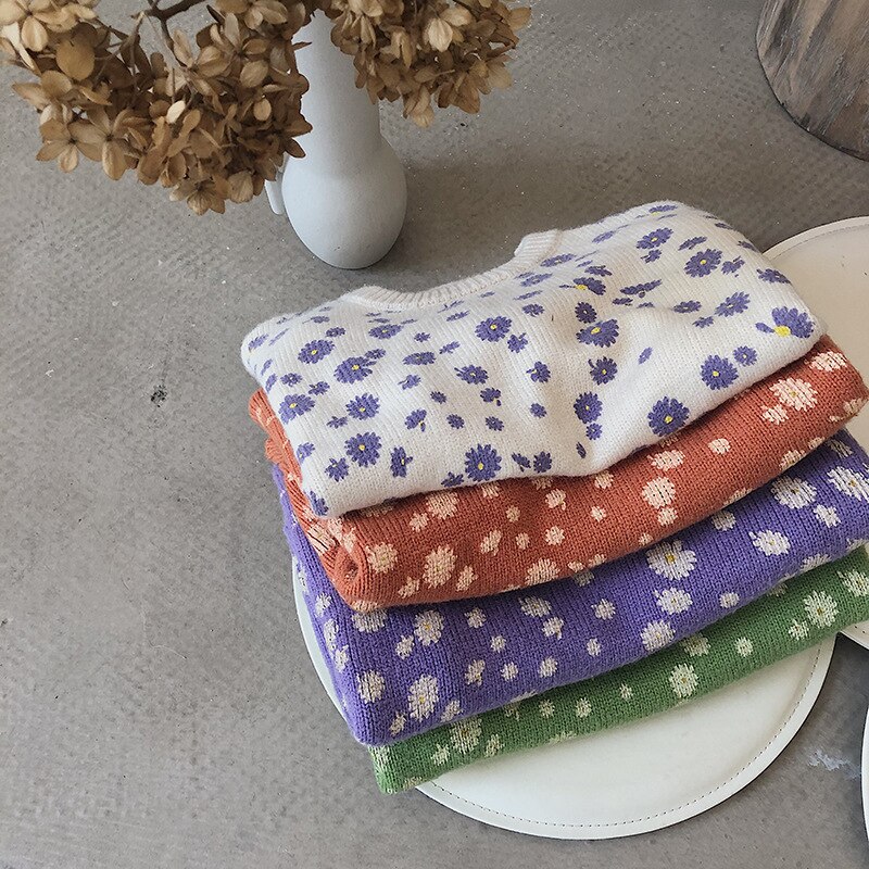 Herfst Winter Kinderen Mode Daisy Drukte Lange Mouw Truien Jongens Meisje Warm 4 Kleuren Gebreide Trui
