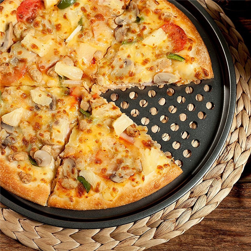 Bandeja para hornear pizzas antiadherente de acero al carbono bandeja de 32cm soporte para platos y pizzas utensilios de horno doméstico para cocina accesorios de Herramientas-Negro