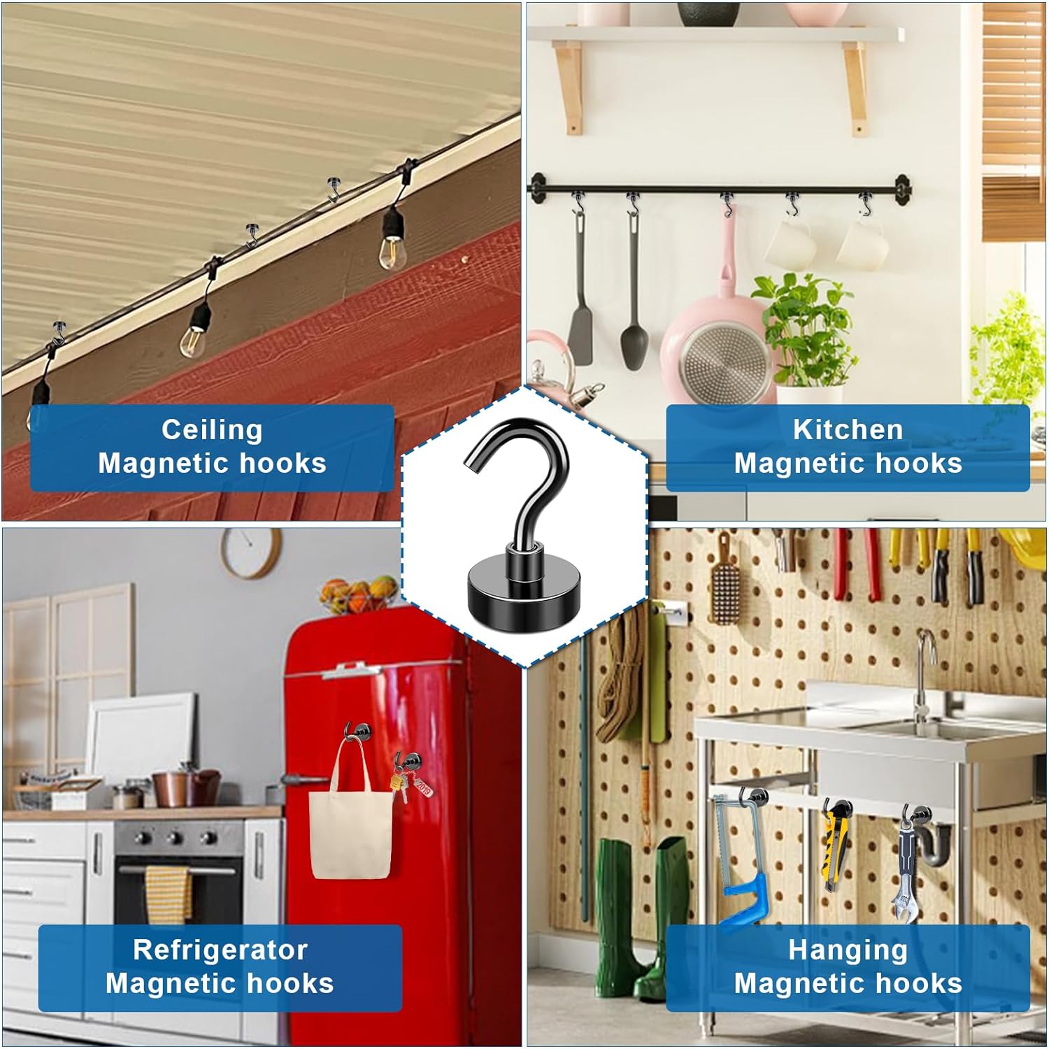 Ganchos magnéticos, ganchos magnéticos negros, fuertes imanes de neodimio con ganchos, pequeños ganchos magnéticos de Metal para refrigerador, casillero