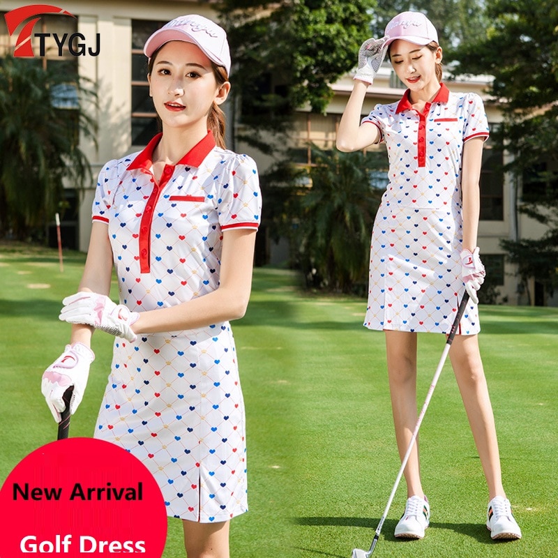 Kvinder print kjole s-xl fitness dame tennis slank sportstøj hvid kærlighed fugtgivende golf / tennis kjole