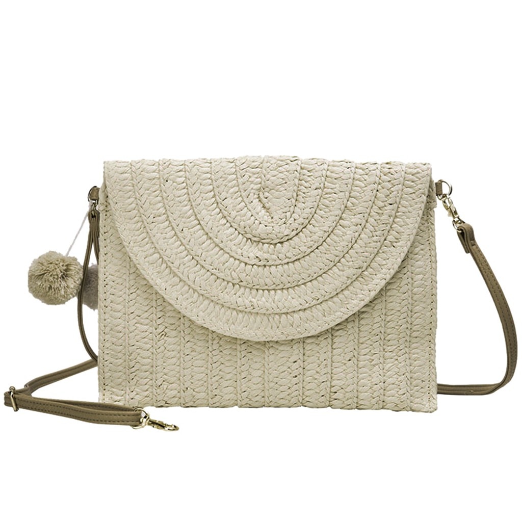 Simple Straw Circular Square Women Shoulder Bag Handmade Woven Bohemian Handbag Summer Beach Lady Wicker Tote Phone Bag Handbag: Beige 