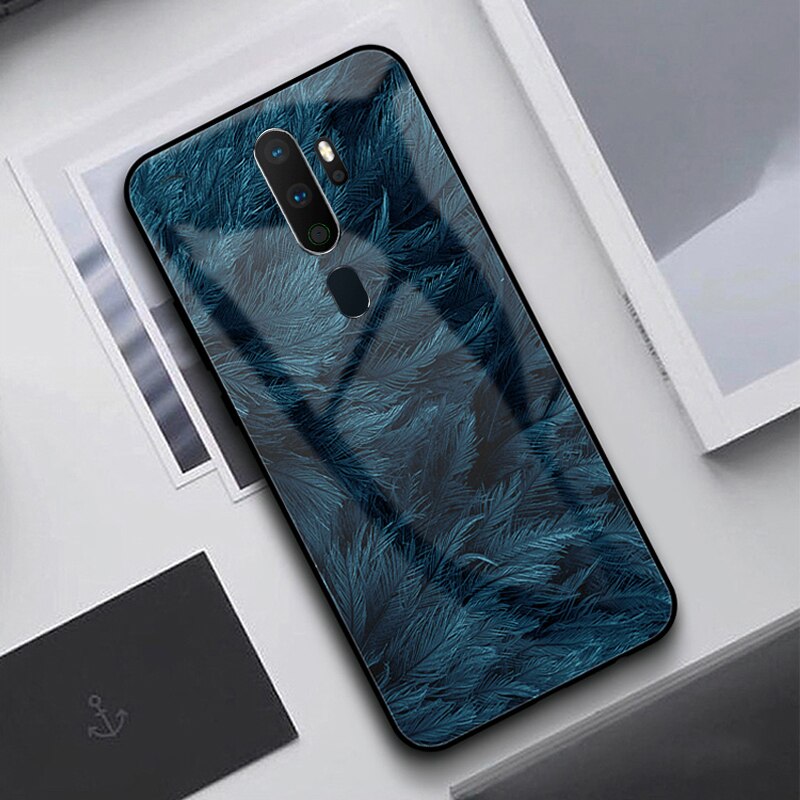 GFATIH Für OPPO A9 Fall Feder Print Starry Sky Gehärtetem Glas Telefon Fall Für Oppo A5 Abdeckung funda: OPPO A5 2020 / Pattern 2