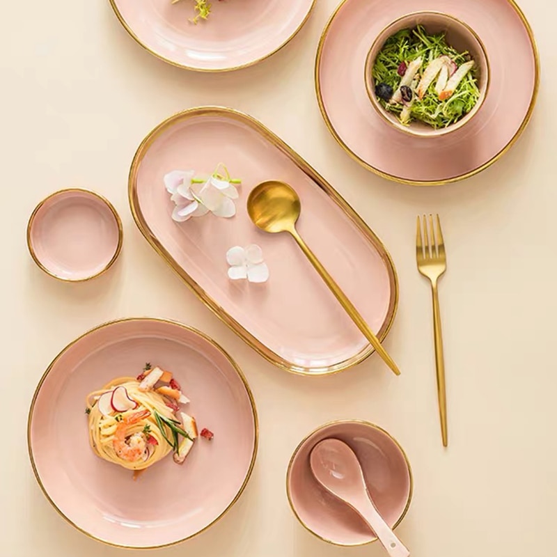 Pink Ceramic Dinner Plates Dishes Tableware Set Cake Food Plates Salad Soup Bowl Dinnerware Set for Restaurant Hotel