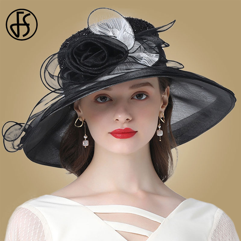 FS Women Black Hats For Summer Wide Brim Sun Hats Big Flowers Kentucky Derby Church Fedora Party Wedding Hat