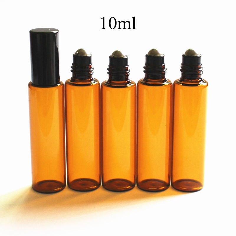 5 stk/pakning 10ml ravfarvet glasrulle på tynde glasrullehætteglas brun æterisk olieflaske prøvetestflaske med metalkugle