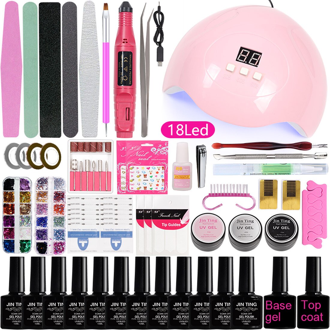 Nouvelle perceuse à ongles électrique sèche-lampe à LED UV avec 12 pièces Kit de vernis à ongles Gel tremper ensemble d'outils de manucure: B3F