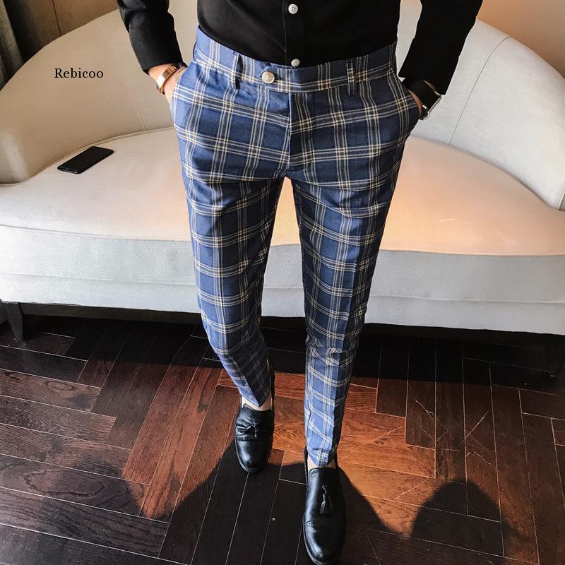Mens Plaid Pants Men Casual Trousers Men Dress Pants Slim Fit