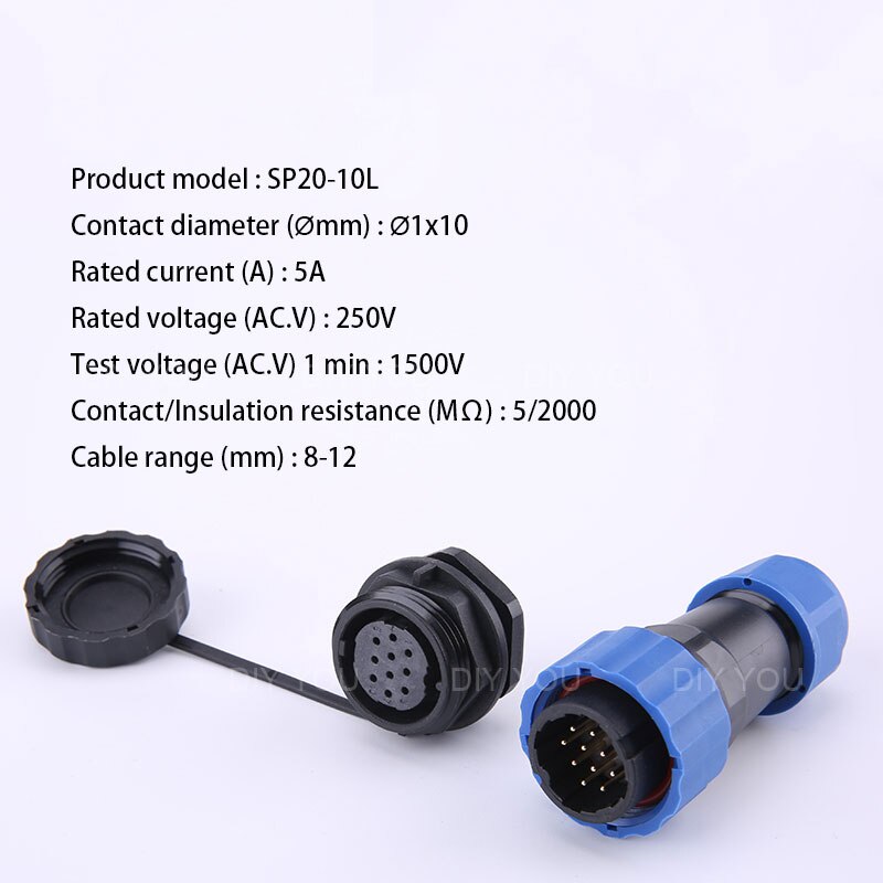 Waterdichte connector met sp20 ip68 moertjes aan de achterkant, 1/2/3/4/5/6/7/9/10/12/14- pins luchtvaartconnectoren, stekker en stopcontact: Sp20-10l