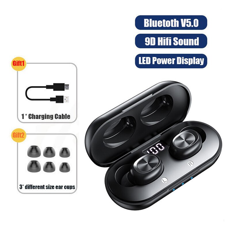 Tws 5.0 Echte Draadloze Hoofdtelefoon Bluetooth Oortelefoon 9D Hifi Stereo Draadloze Koptelefoon Sport Oordopjes Headset Voor Telefoon Xiaomi Mic: Black Led