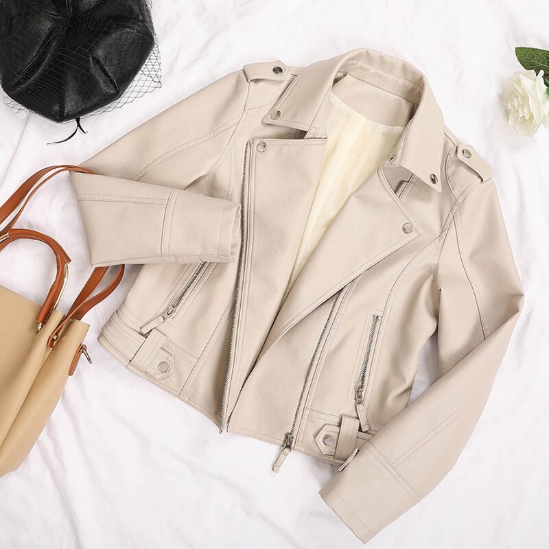Sungtin Women Faux Leather Jacket Beige Casual Slim Motorcycle Biker Leather Coat Female Punk Streetwear Spring Autumn Jackets