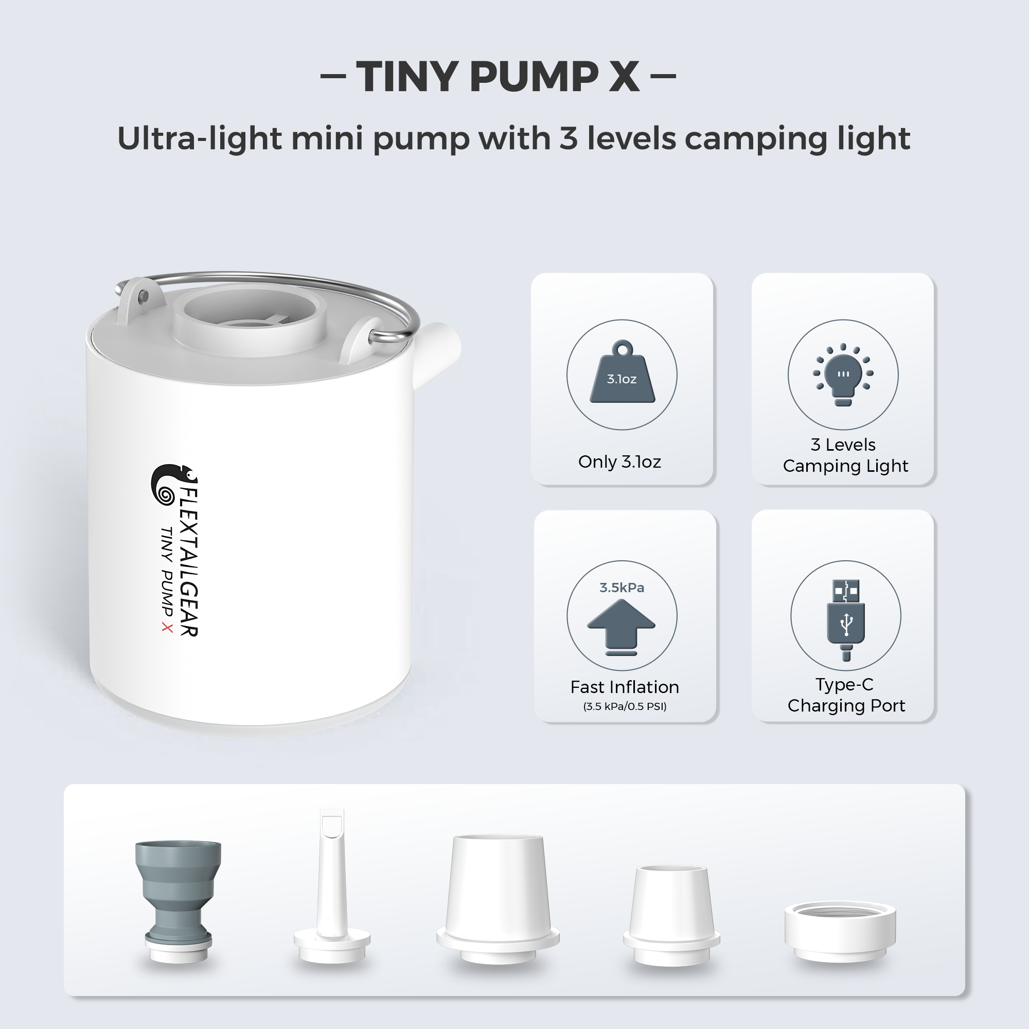 FLEXTAILGEAR TINY PUMP X - Portable Electric Air Pump with Camping Light Rechargeable for Pool Floats Air Mattress Vacuum Bags: WHITE