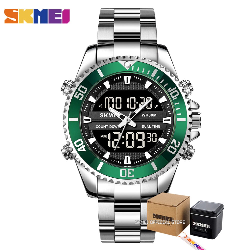 Skmei Dual Display Horloges Heren Mode Digitale Horloges Chrono Alarm Mannen Klok Waterdichte Rvs Relogio Masculino: silver GN with box