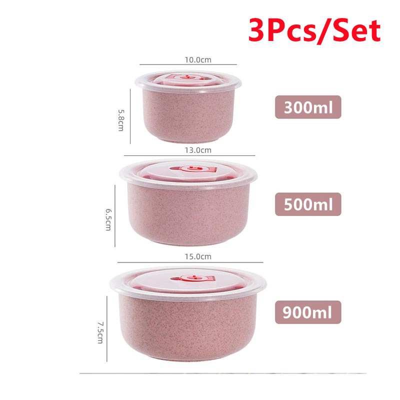 Wheat Straw Fresh-keeping Bowl Threepiece Set With Lid Round Lunch Box Can Be Microwave Sealed Bowl Kitchen Supplies Storage Box: Pink