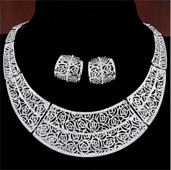 Brincos de piercing conjunto de joias africanas, fino colares maxi de noiva + gotas de ouro/prata, joias de casamento femininas: F580 silver