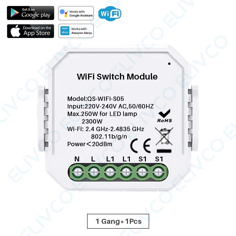 Wifi Smart Switch Module 1 Gang/2 Gang Two Way 10A 2300W Tuya Smart Leven App Afstandsbediening groep Controle Timer Werkt Met Alexa: 1Gang-1Pcs